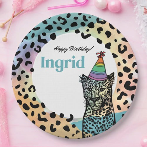 Personalized Rainbow Leopard Party Plates - 8 Pack