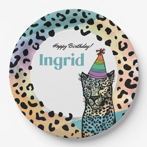 Personalized Rainbow Leopard Party Plates - 8 Pack