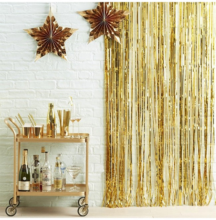 Gold Metallic Fringe Tinsel Curtain Backdrop (2 pack)