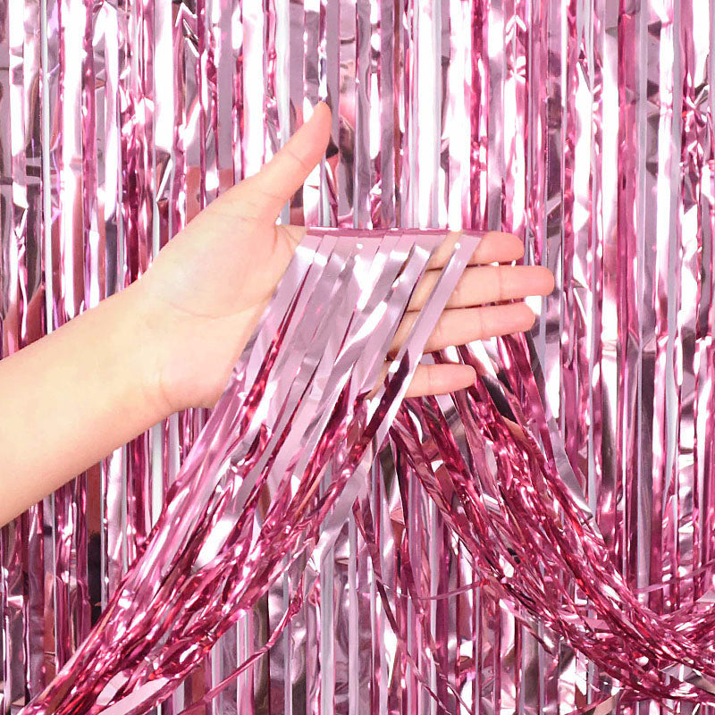 Pink Metallic Fringe Tinsel Curtain Backdrop (2 pack)