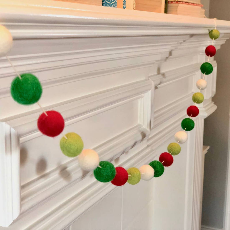 Red, Green, and White Holiday Wool Pom Garland (5-Foot)